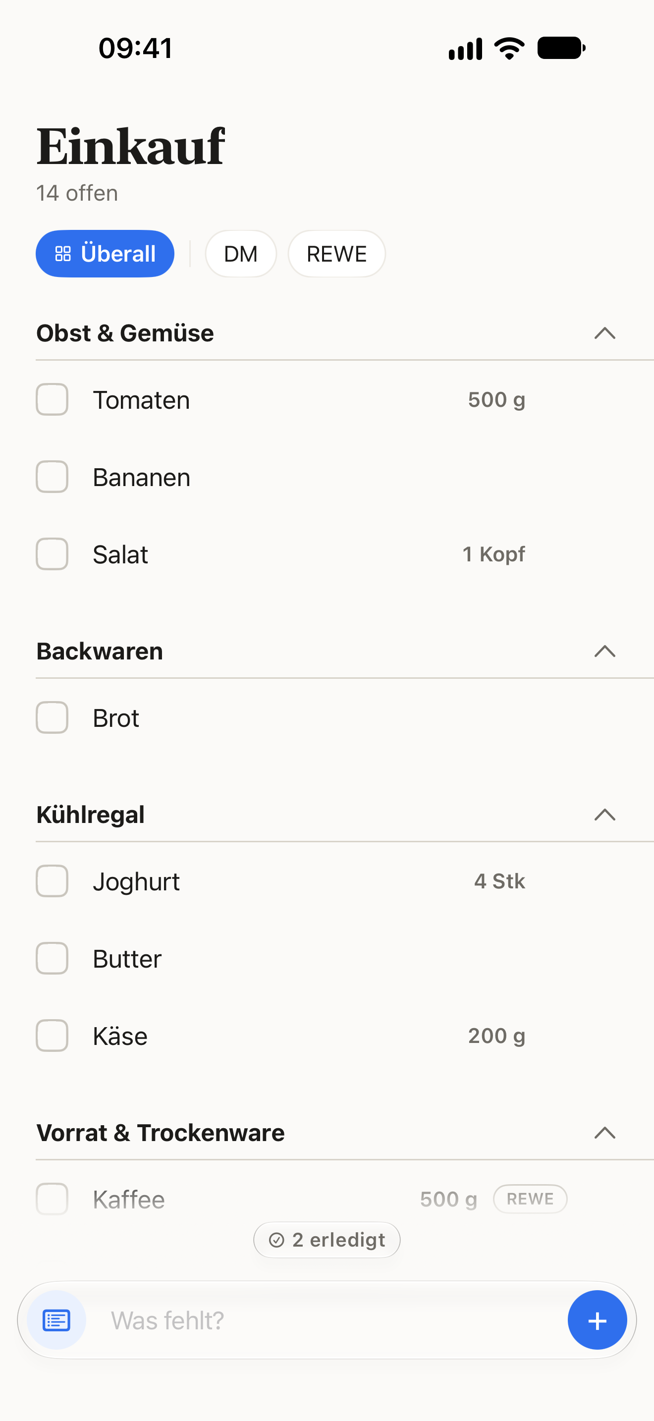 Homecart: Einkaufsliste, sortiert nach Abteilungen