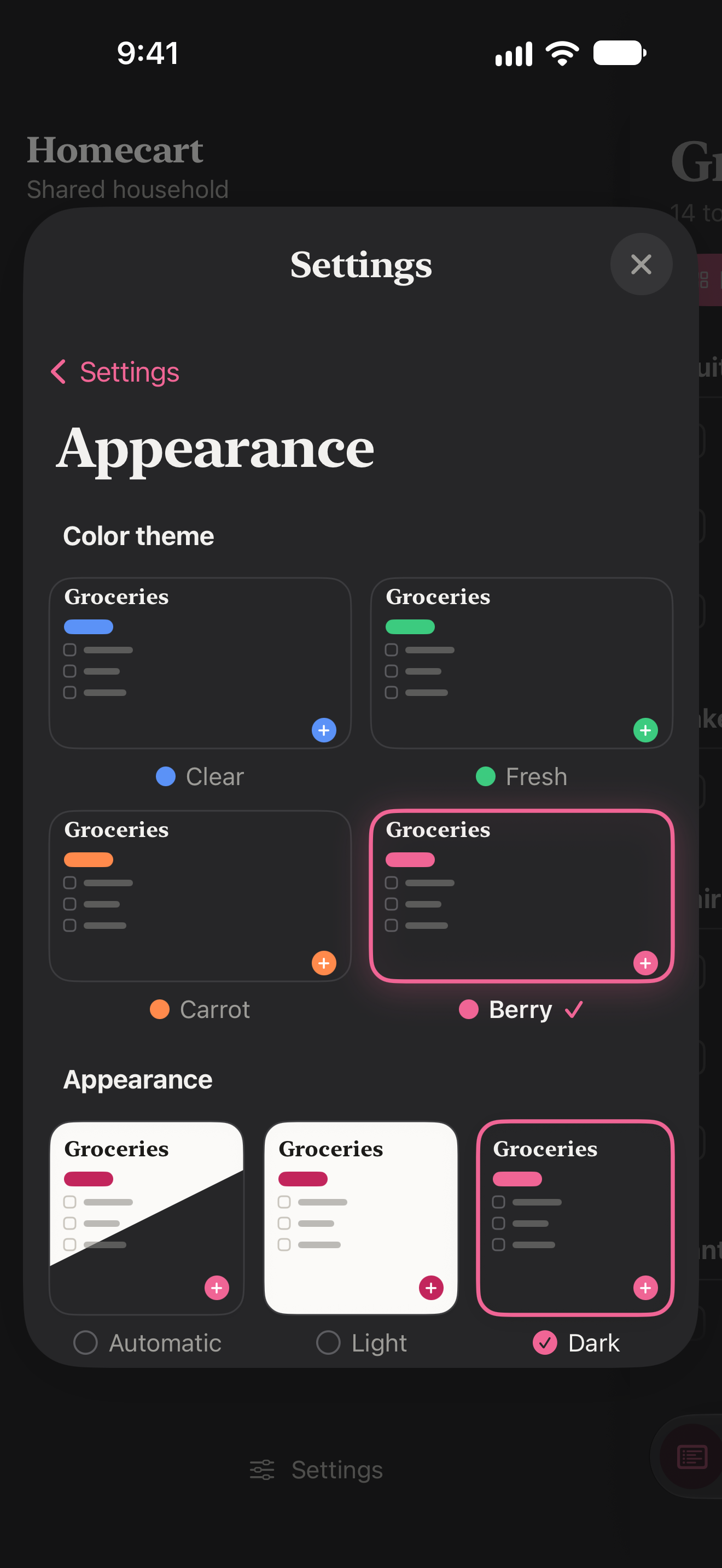Appearance: colour themes and dark mode
